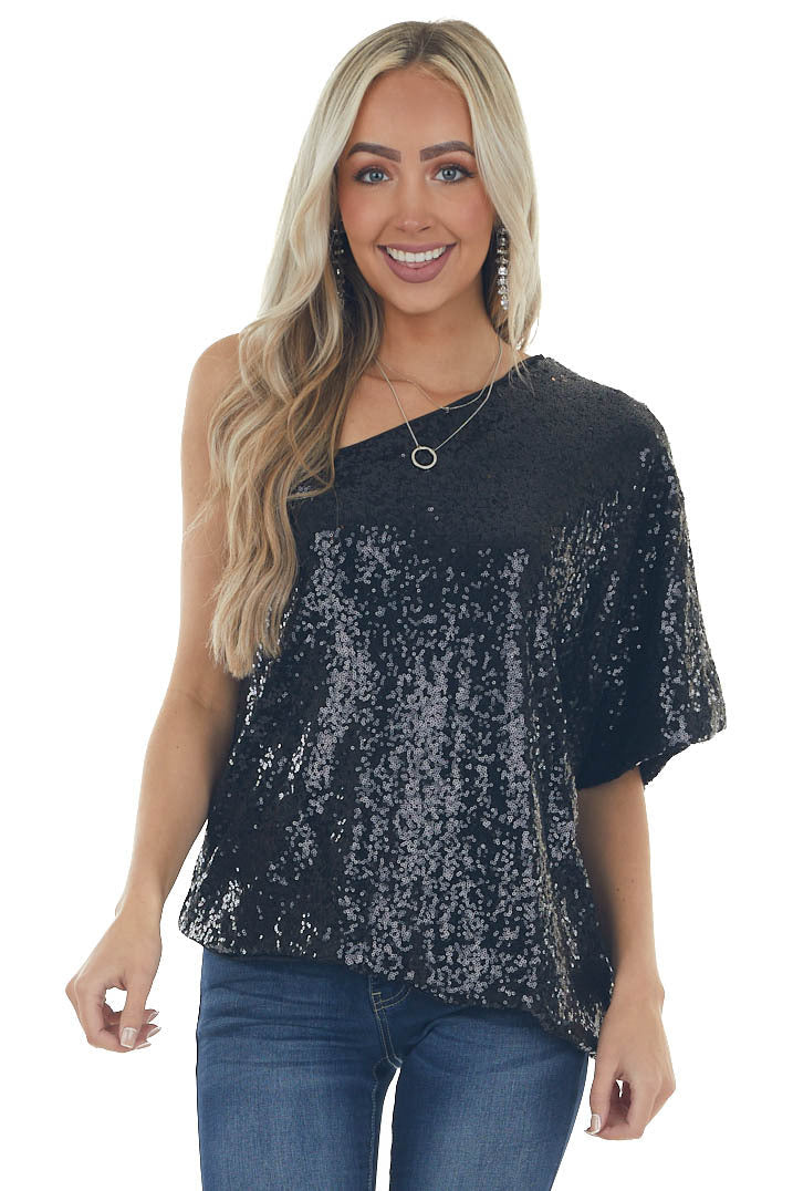 Black Sequined One Shoulder Flowy Blouse 