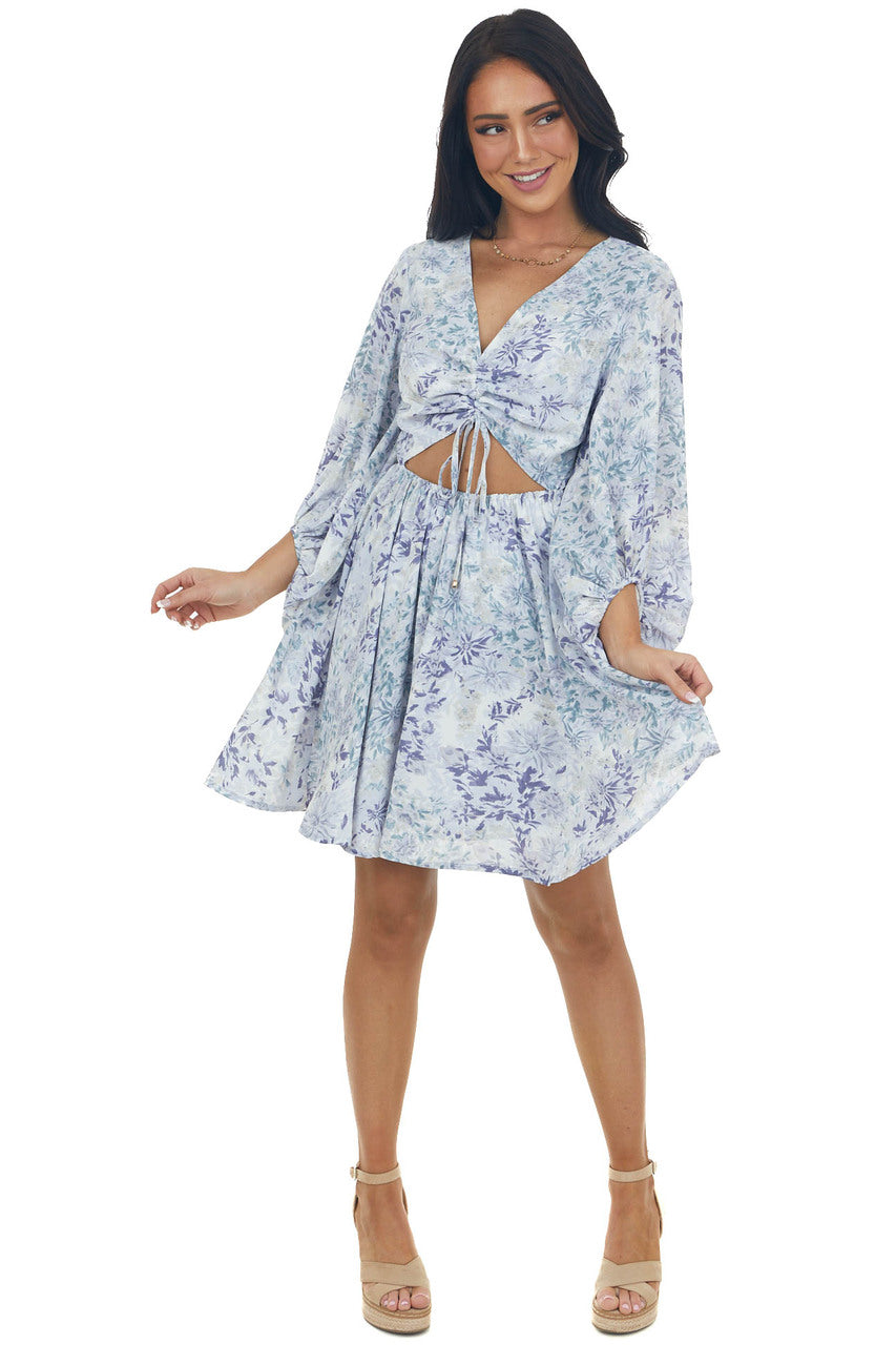 Powder Blue Floral Cut Out Short Dress