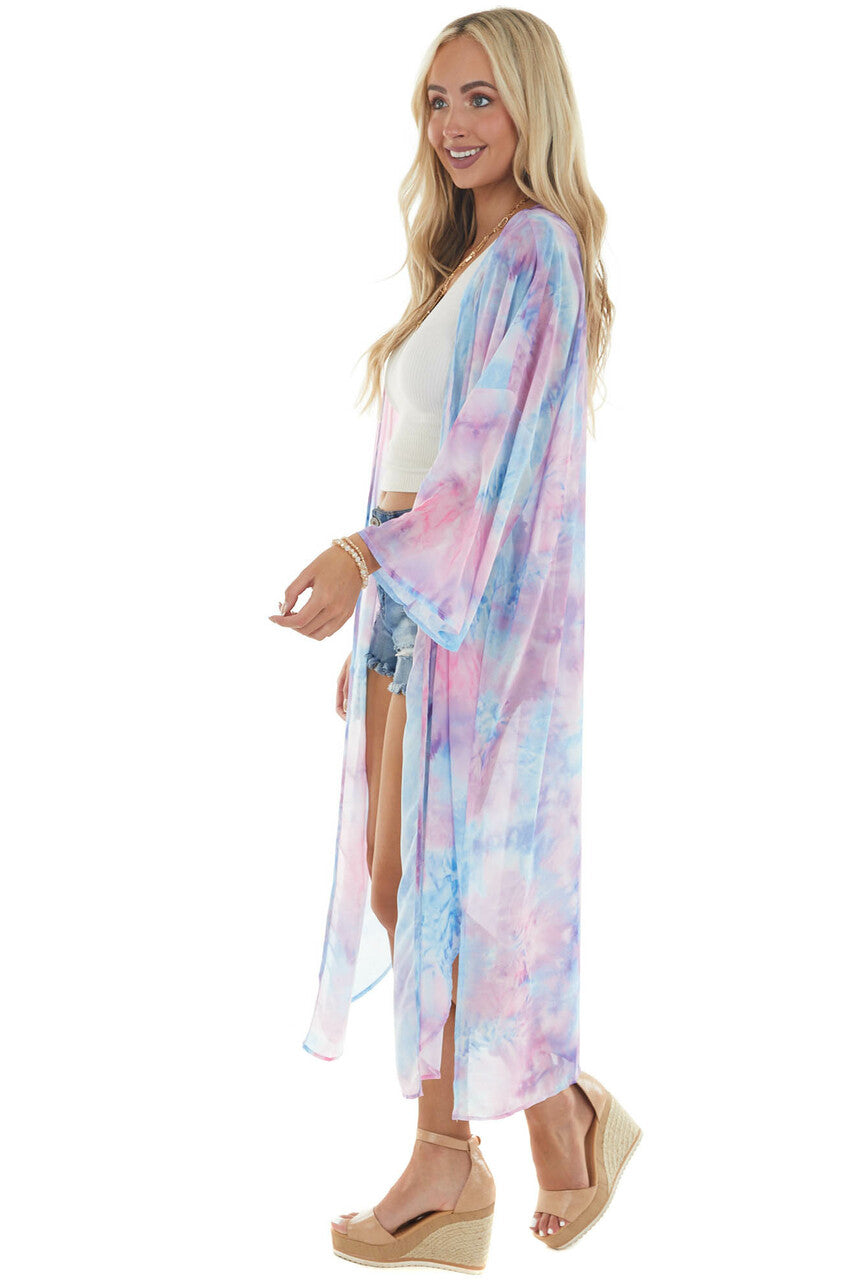 Sky Blue Tie Dye Open Front Chiffon Kimono