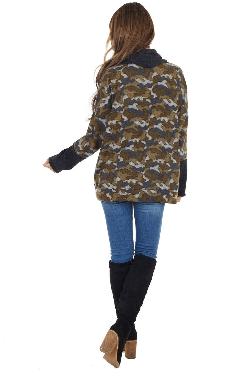 Olive Camo Print Pullover with Cowl Neck and Kangaroo Pouch