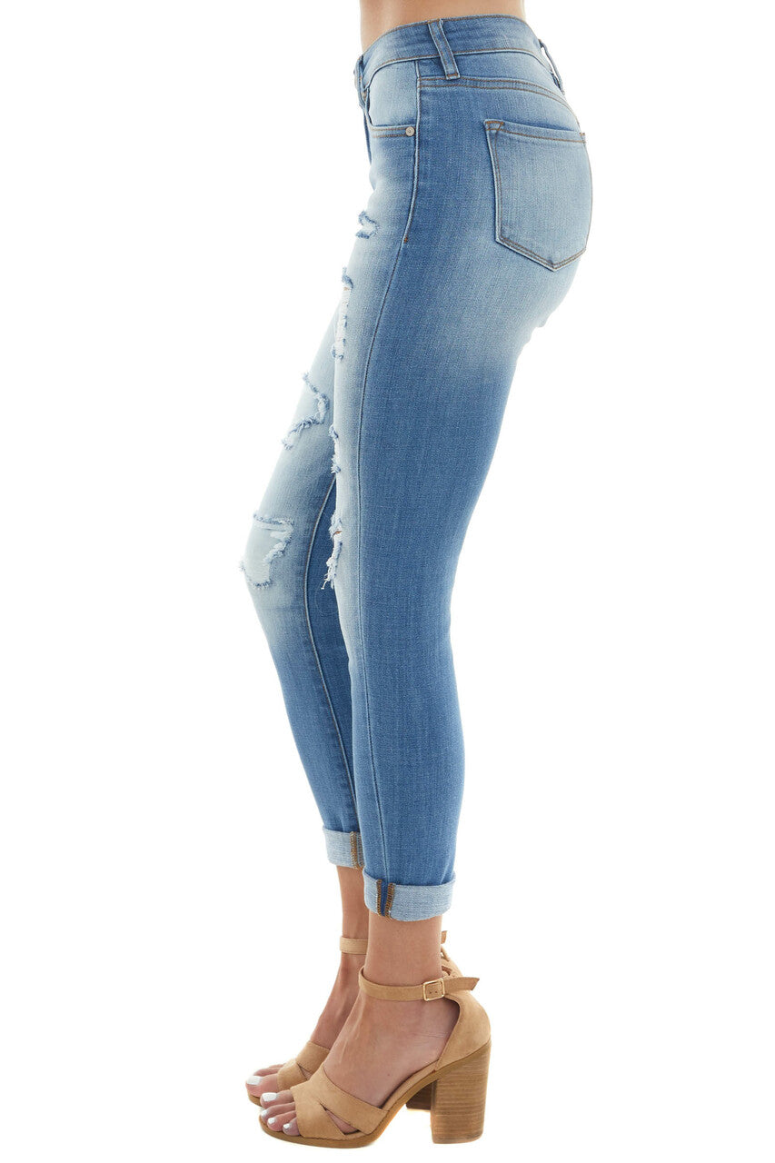 Medium Wash Mid Rise Heavily Distressed Jeans