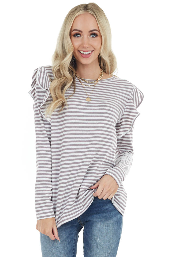 Mocha and Ivory Striped Long Sleeve Top with Ruffle Detail 
