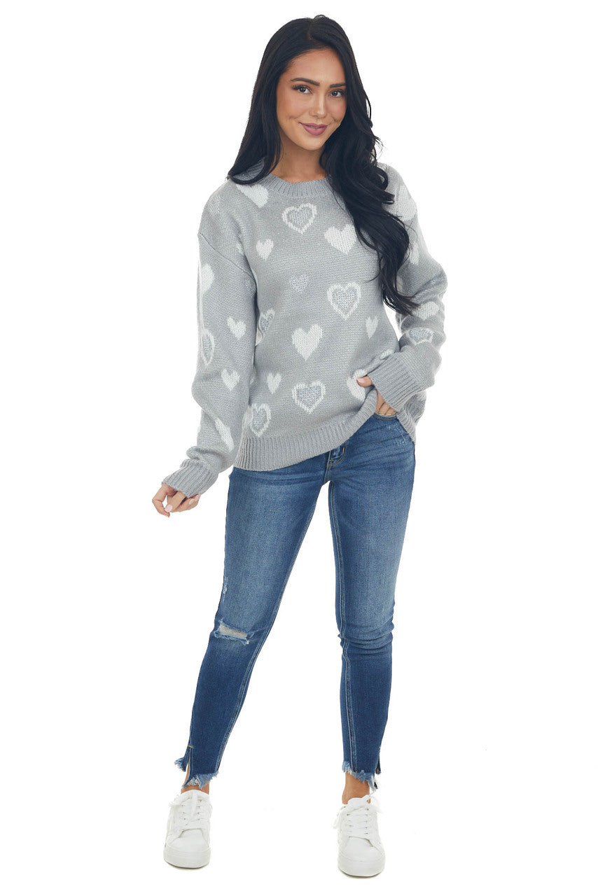 Dove Grey Heart Print Metallic Knit Sweater