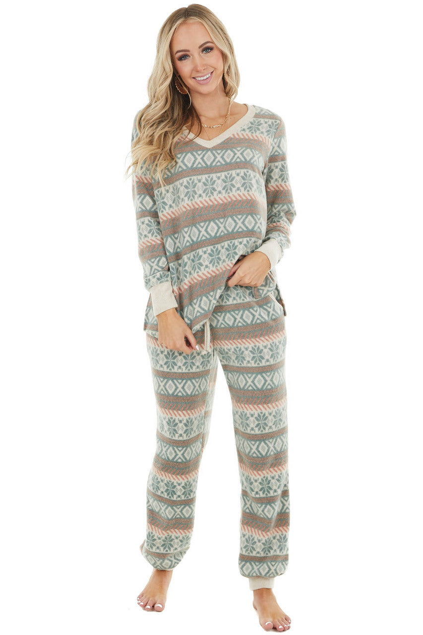 Faded Pine Green Long Sleeve Fleece Fair Isle Knit Top