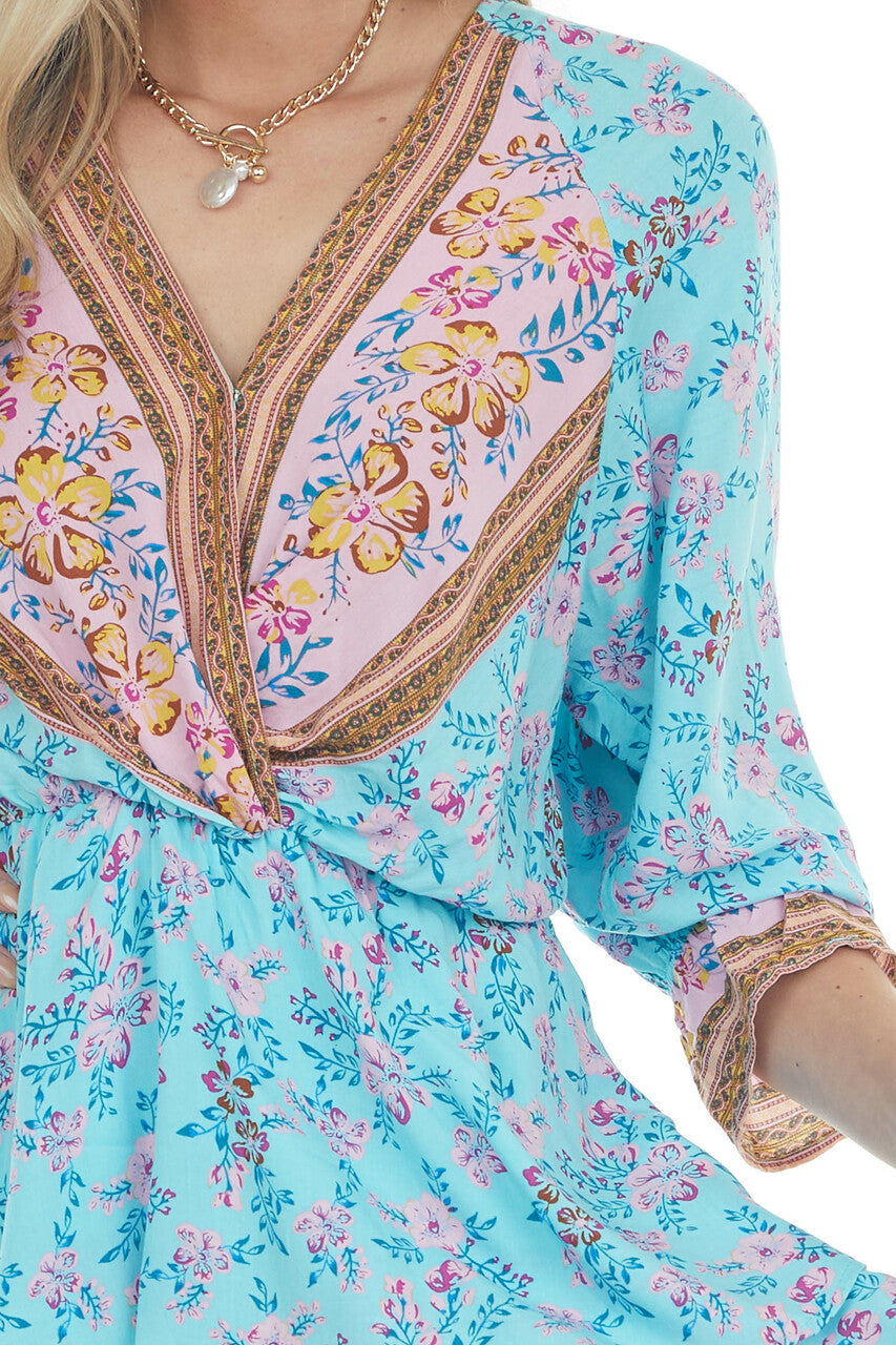 Aqua Floral Print Mini Dress with Overlay Detail