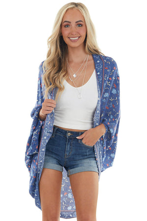 Dusty Blue Floral Cocoon Hem Open Front Kimono