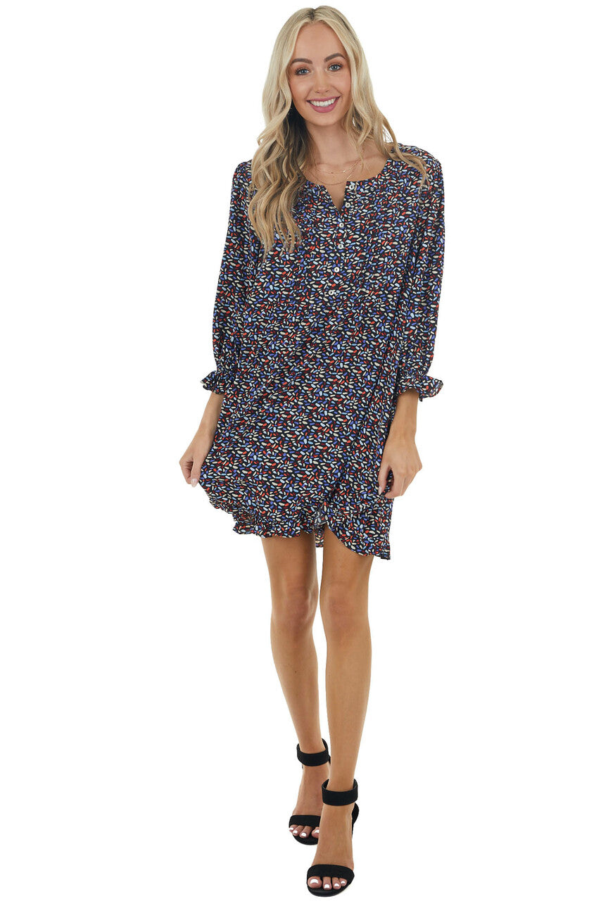 Black Printed Woven Short Dress with 3/4 Bubble Sleeves