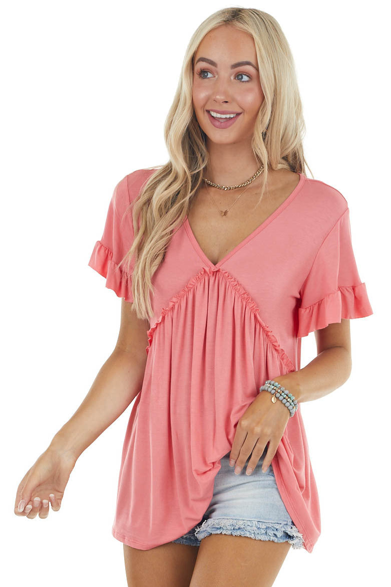 Coral Babydoll V Neck Knit Top with Short Sleeves 