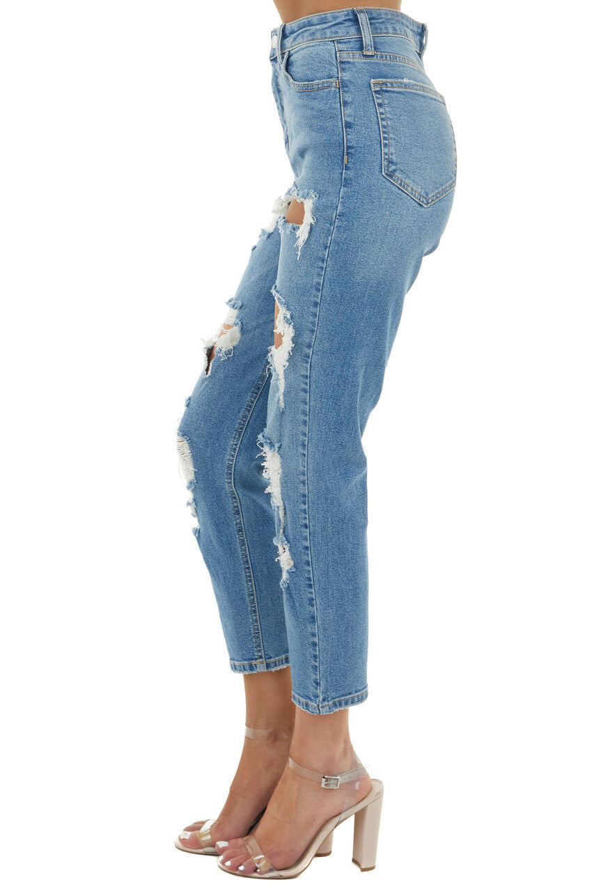 Medium Wash High Rise Distressed Straight Leg Jeans 