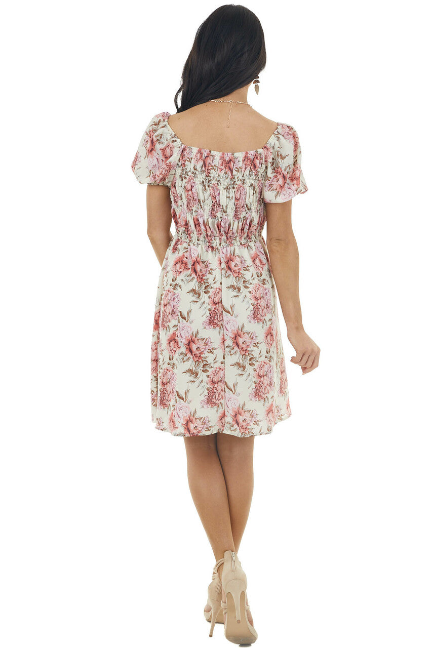 Dark Cream Floral Print Mini Dress with Smocked Bodice 