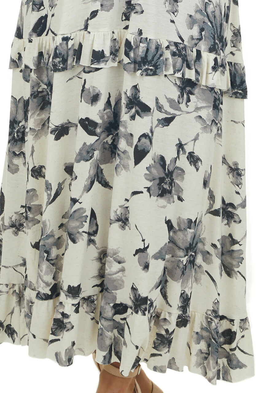 Champagne Floral Sleeveless Tiered Midi Dress