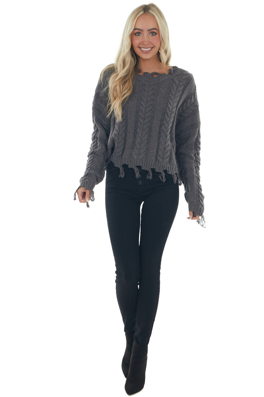 Charcoal Cable Knit Tassel Edge Sweater