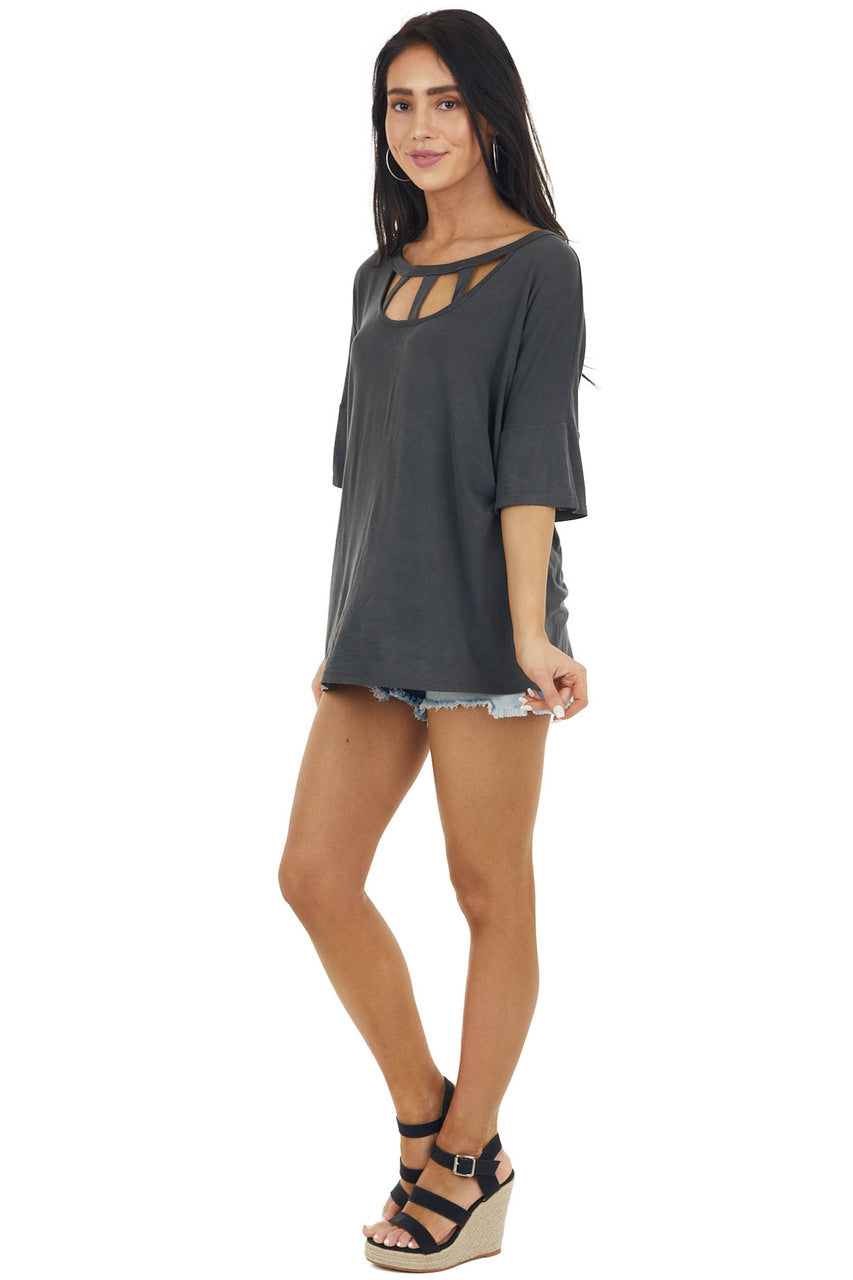 Charcoal Half Sleeve Knit Top with Chest Cut Outs