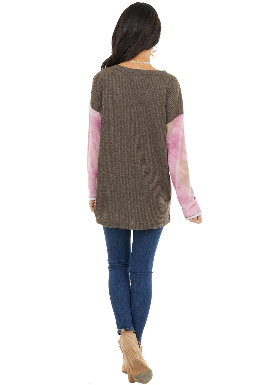 Taupe and Blush Colorblock Long Sleeve Top with Tie Dye 