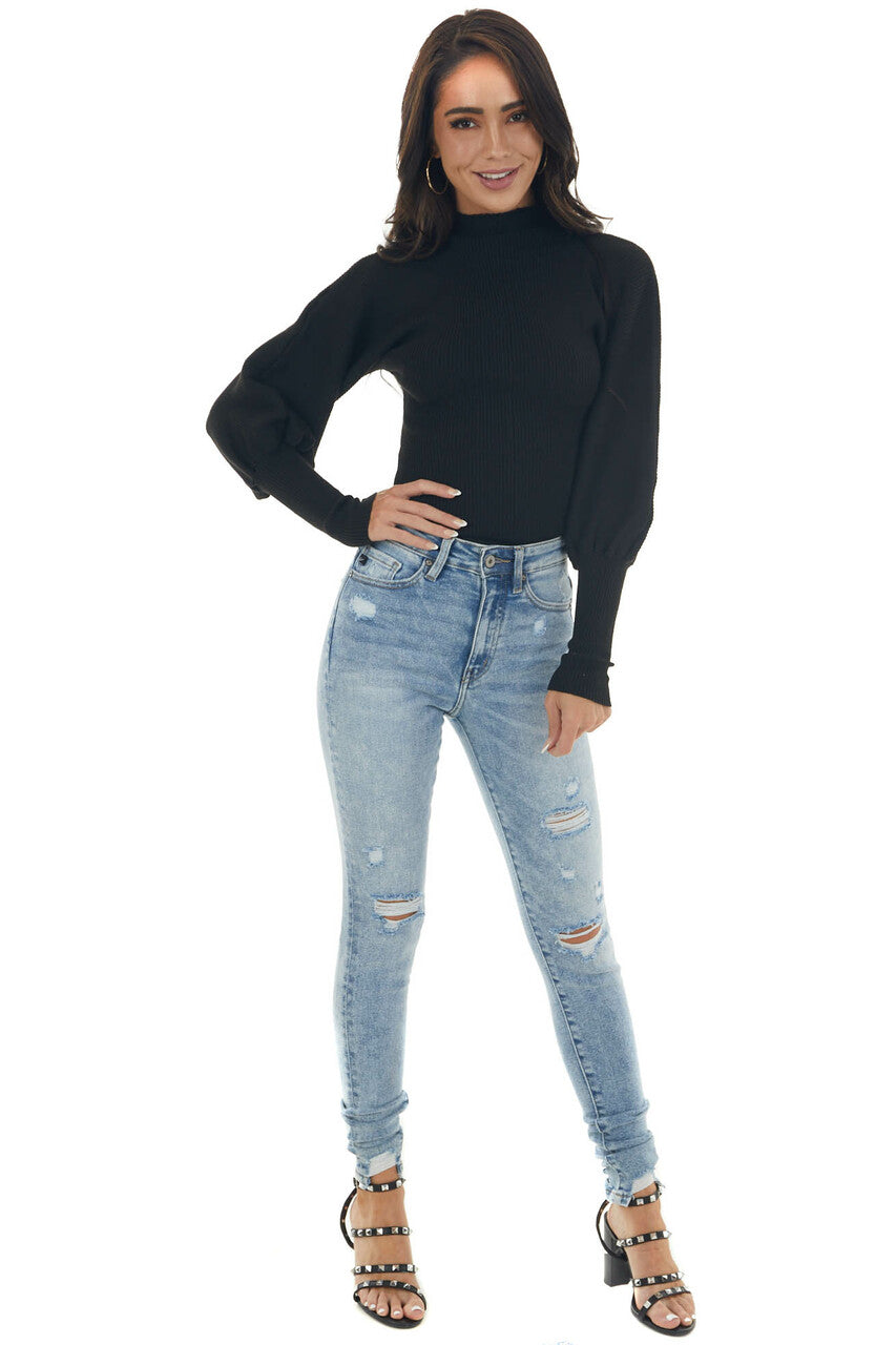 Black Ribbed Knit Sweater with Puff Sleeves