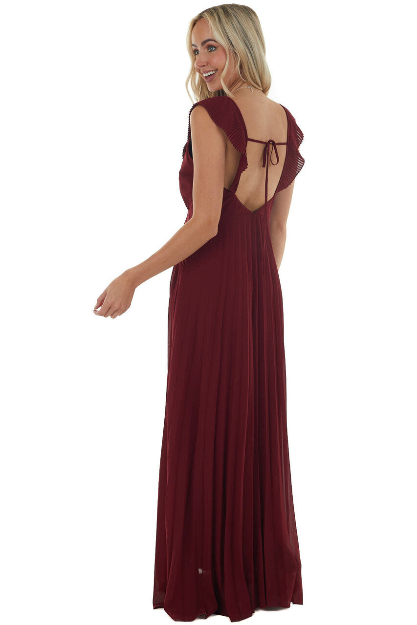 Wine Open Back Pleated Sleeveless Maxi Dress