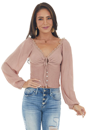 Vintage Rose Long Sleeve Smocked Crop Top with Lace Detail