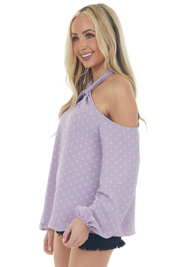 Lilac Swiss Dot Cold Shoulder Halter Blouse