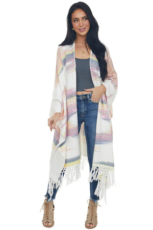 Eggshell Multicolor Fringed Poncho Cardigan 