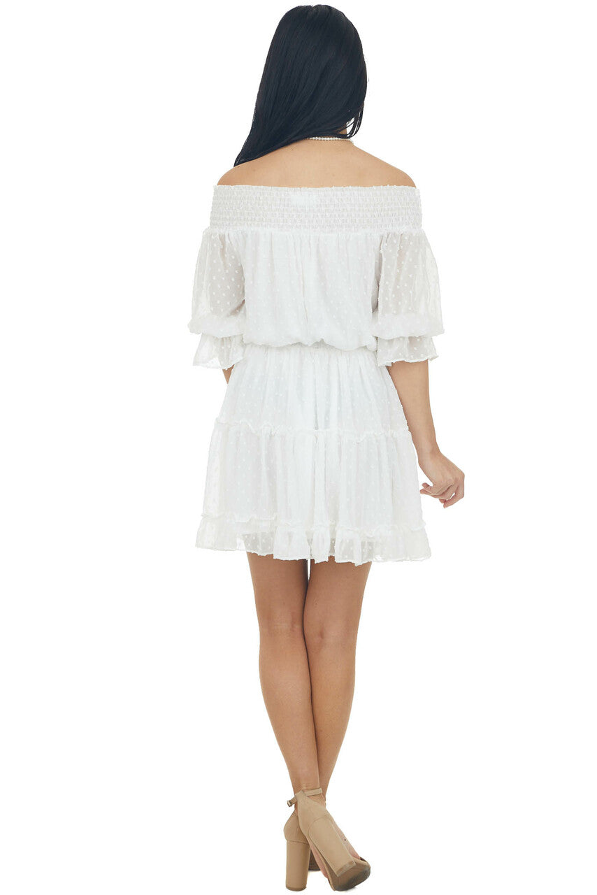 Ivory Off the Shoulder Swiss Dot Short Dress