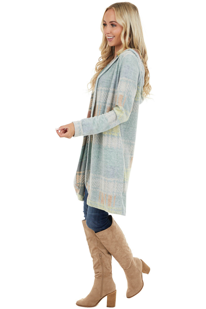 Faded Sage Multicolor Plaid Open Front Cardigan with Hood