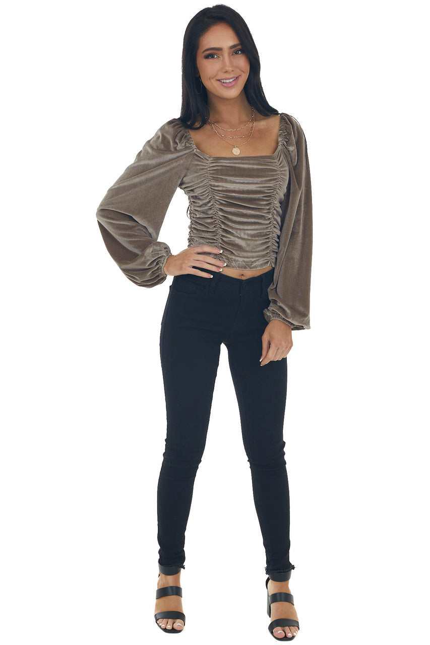Antique Taupe Long Puff Sleeve Ruched Velvet Top