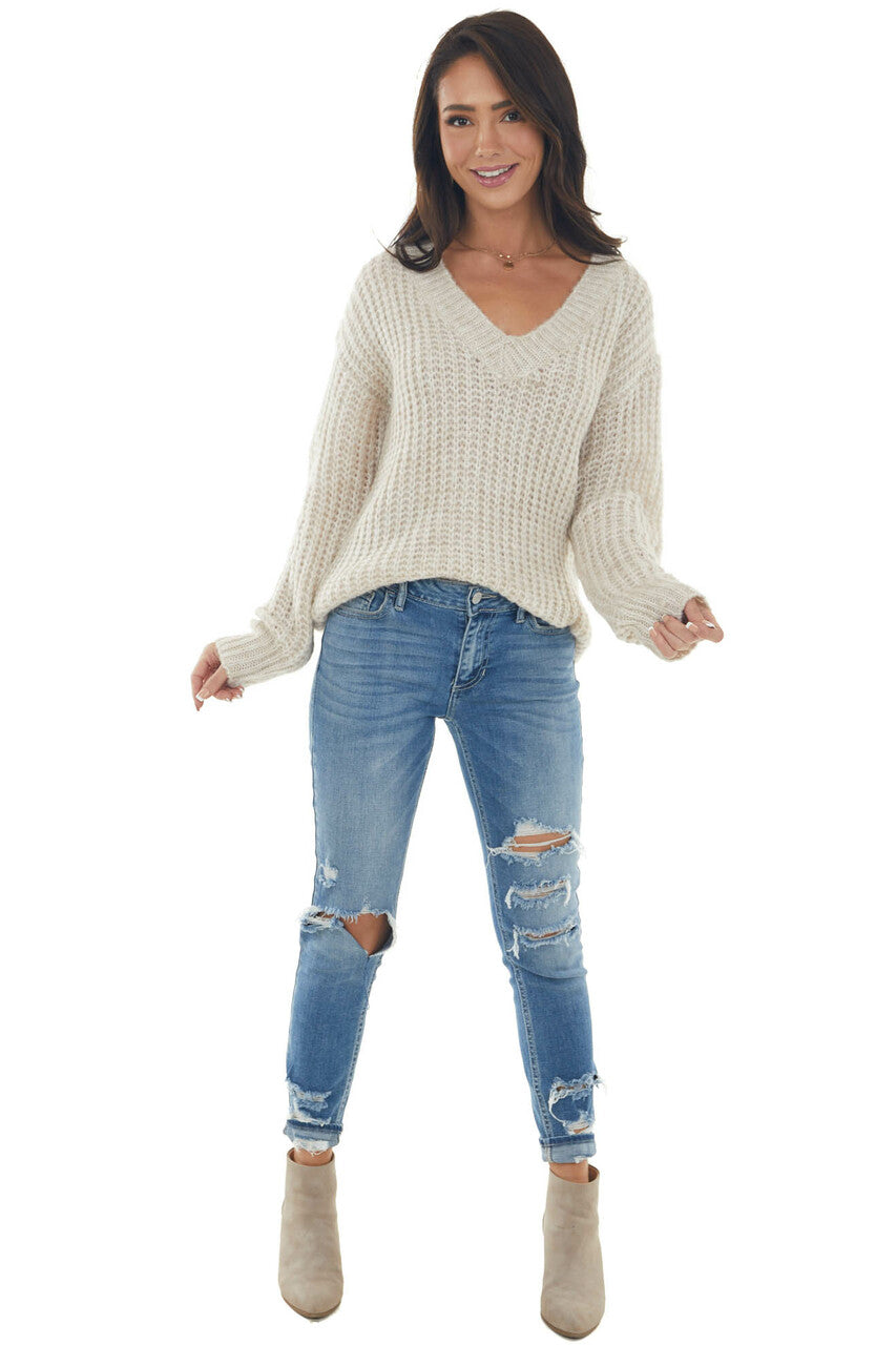 Oatmeal Stretchy Knit V Neck Sweater