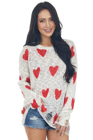 Ivory Heart Print Distressed Long Sleeve Relaxed Fit Top