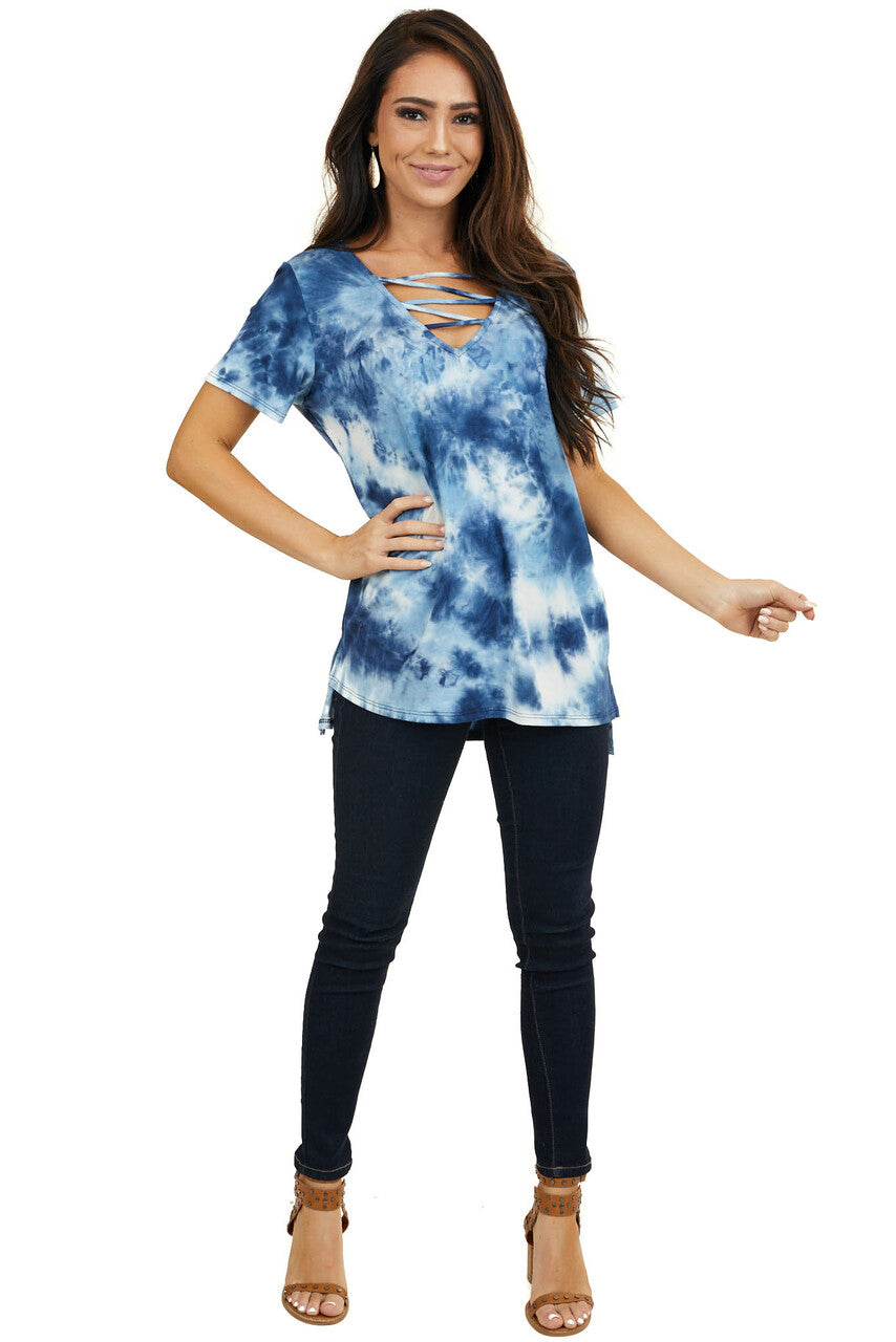 Blue Tie Dye Short Sleeve Knit Top with Cutout Details 