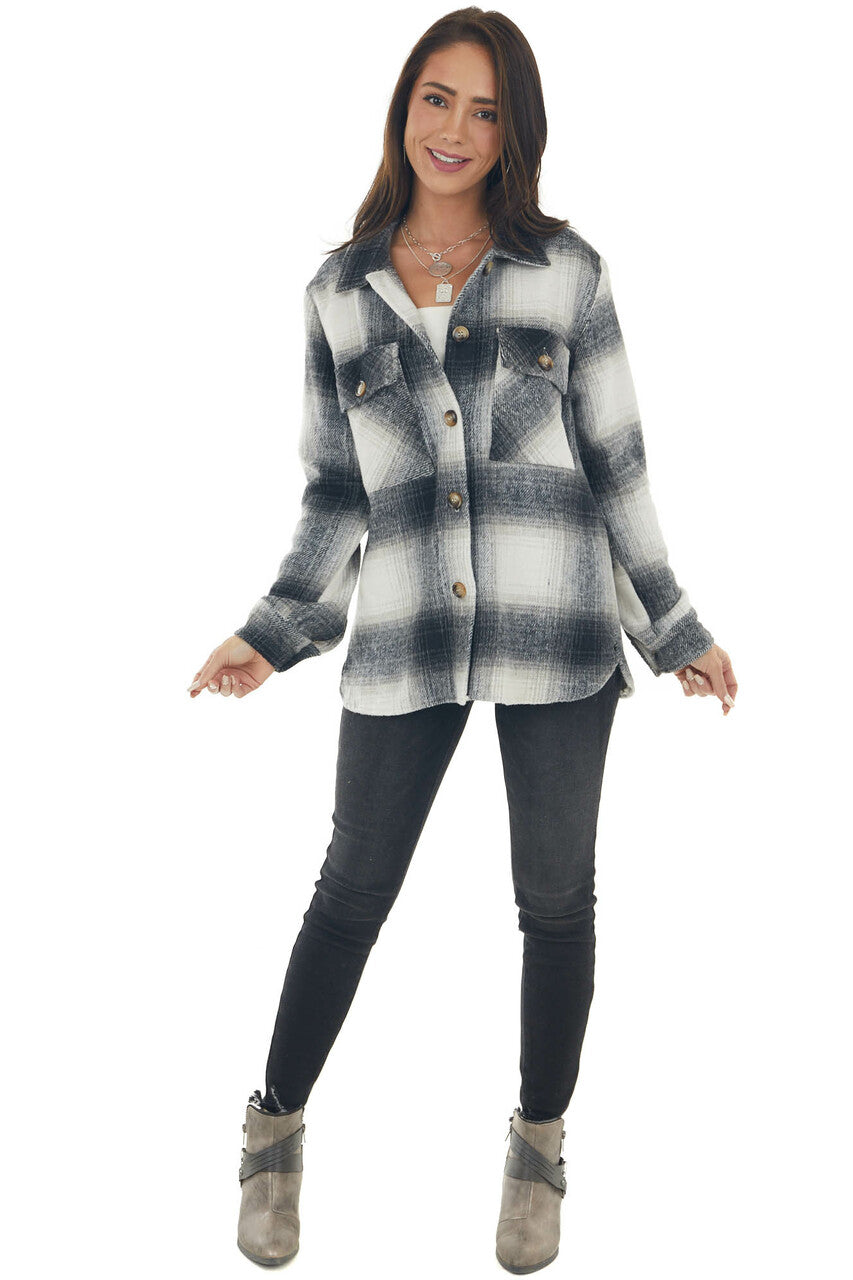 Black Plaid Button Down Brushed Shirt Jacket 