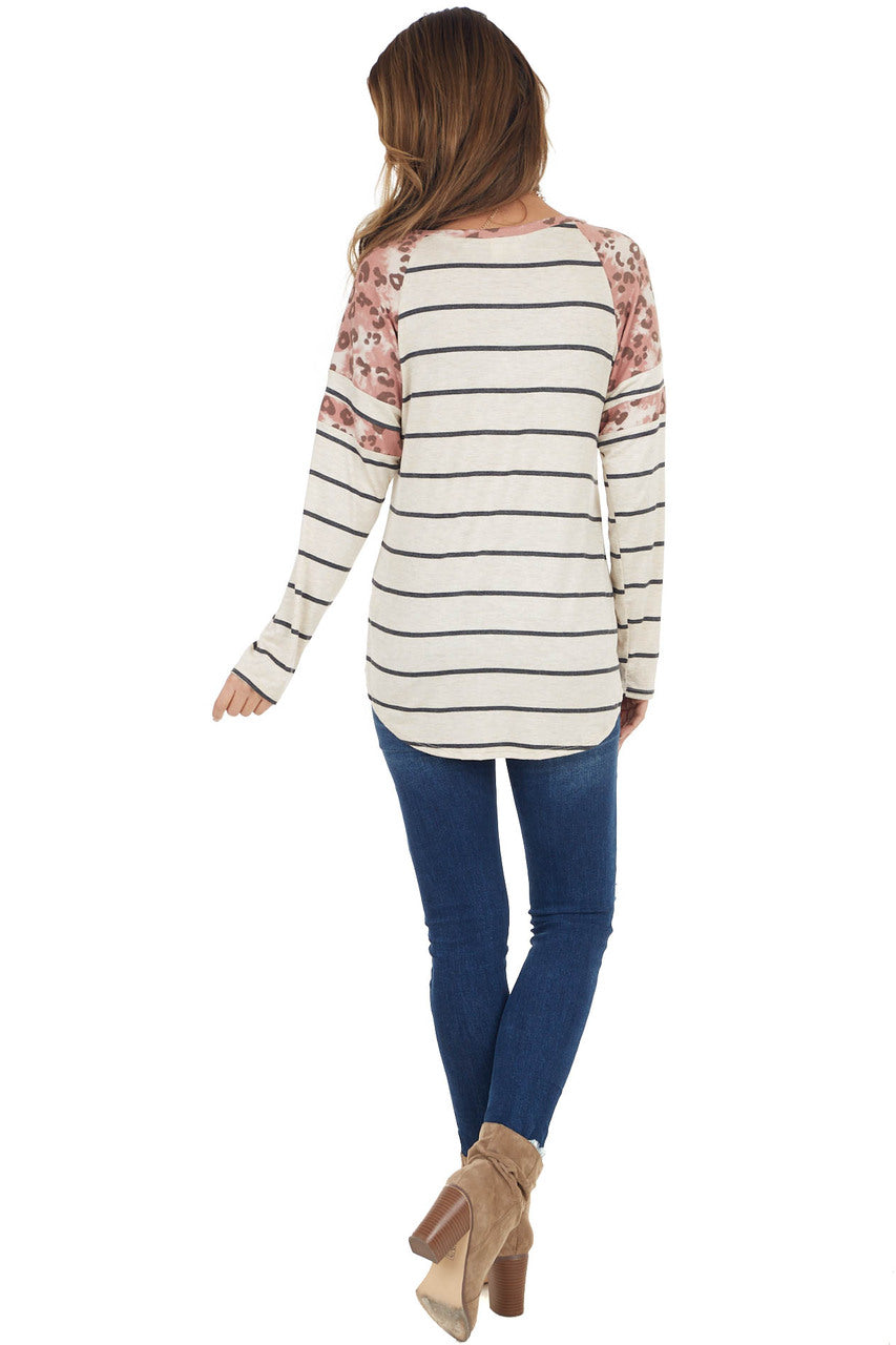 Heathered Beige Striped Knit Top with Leopard Print Contrast