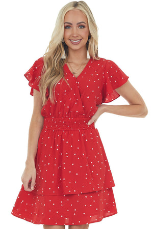 Lipstick Red Heart Print Surplice Short Dress 