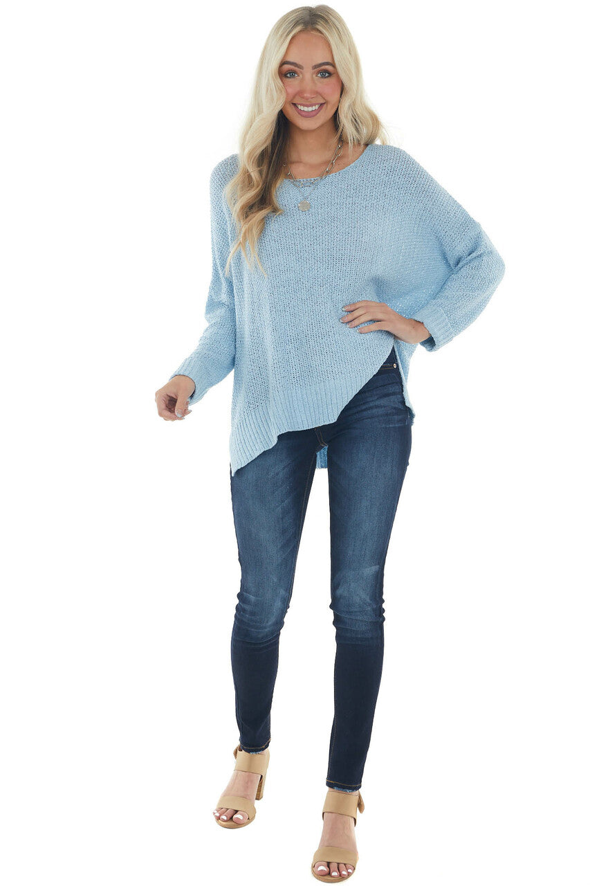 Sky Blue Loose Knit Cuff Sleeve Sweater 