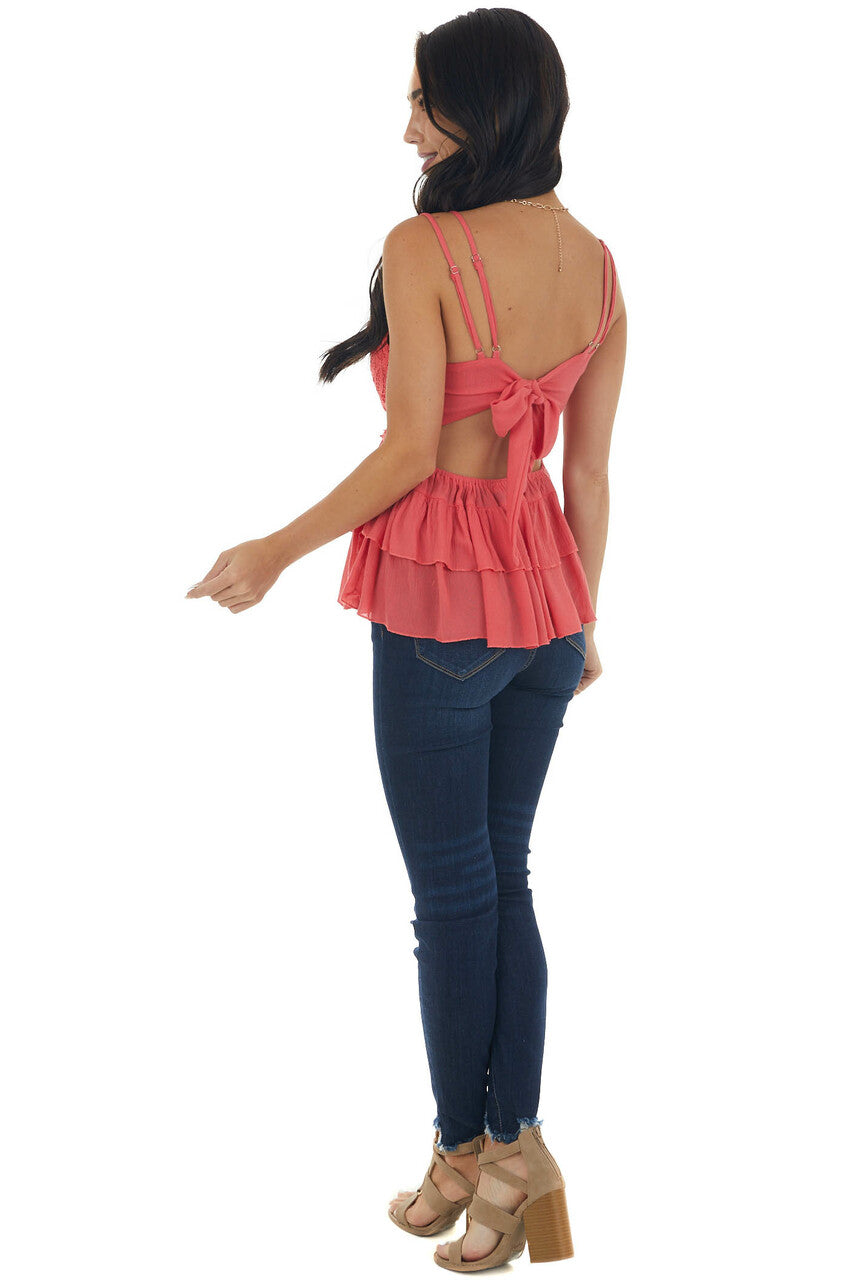 Bright Coral Crochet Lace Top with Bow Tie Back 