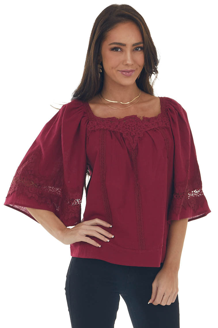 Maroon Flare Sleeve Lace Trim Blouse