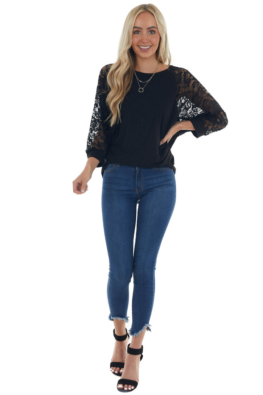 Black Ribbed Dolman 3/4 Lace Sleeve Knit Top