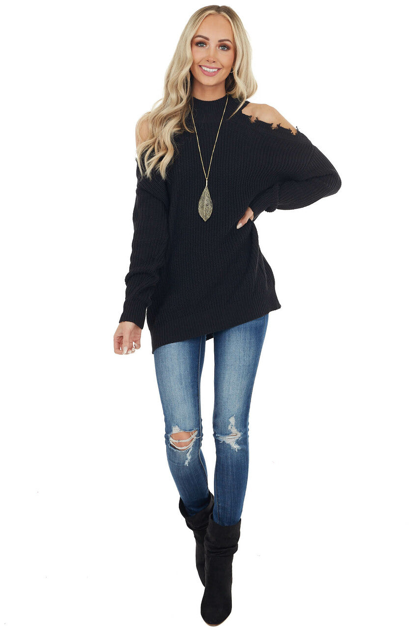 Black Stretchy Knit Distressed Cold Shoulder Sweater