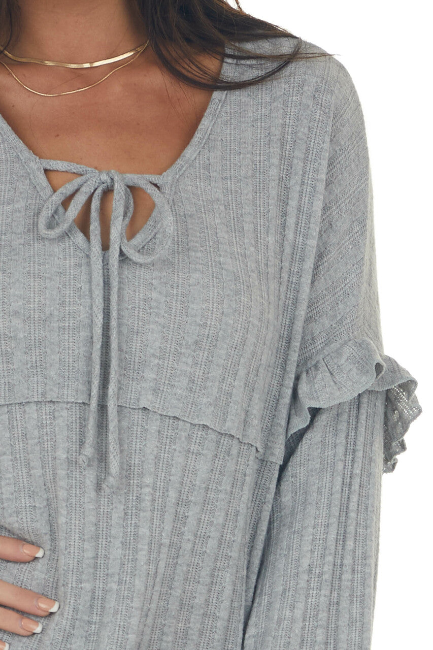 Dove Grey Ribbed Knit Long Sleeve Ruffle Top with Front Tie