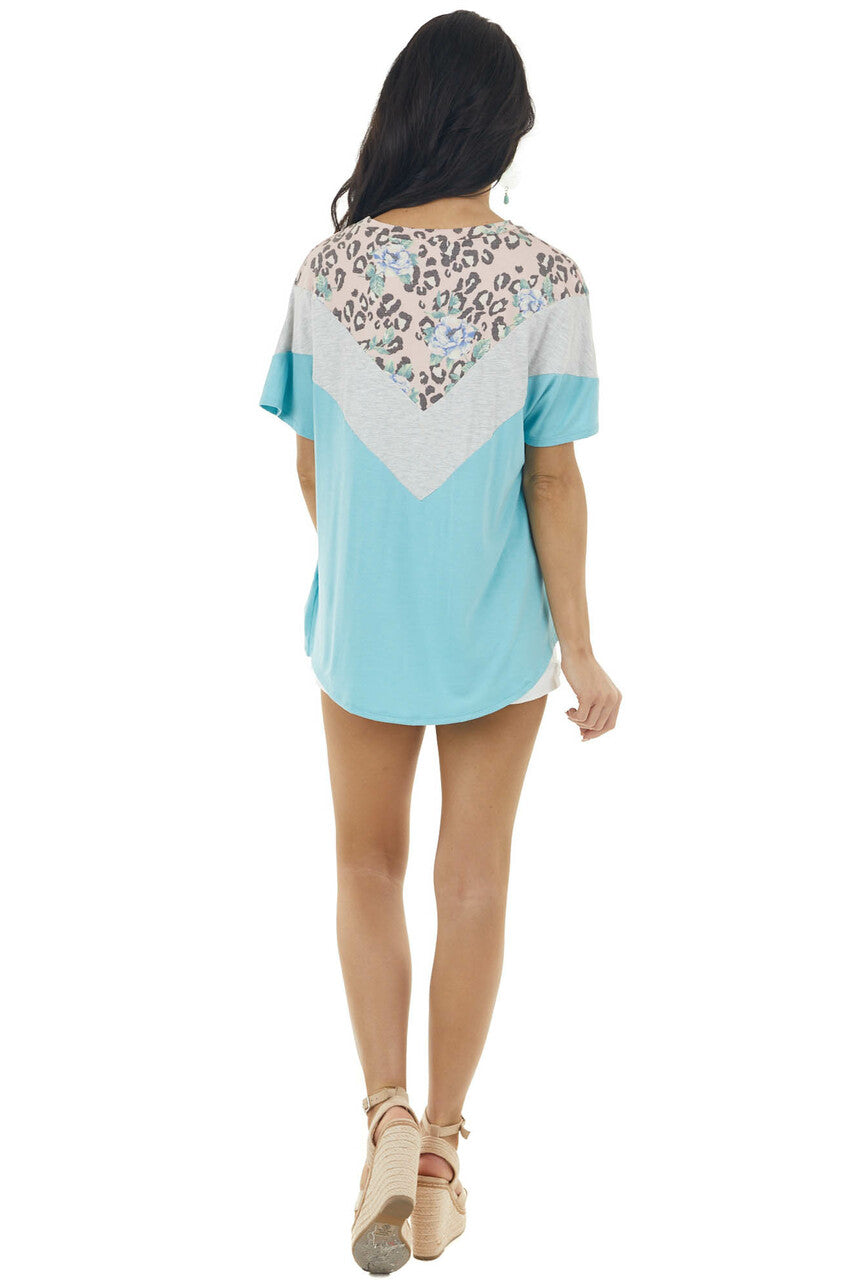 Turquoise and Dove Chevron Pattern Short Sleeve Knit Top