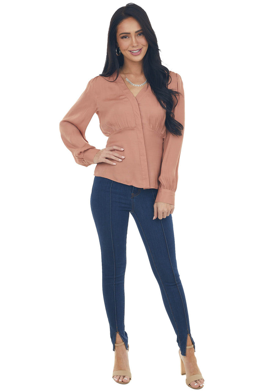 Dusty Apricot V Neck Drop Waist Satin Blouse