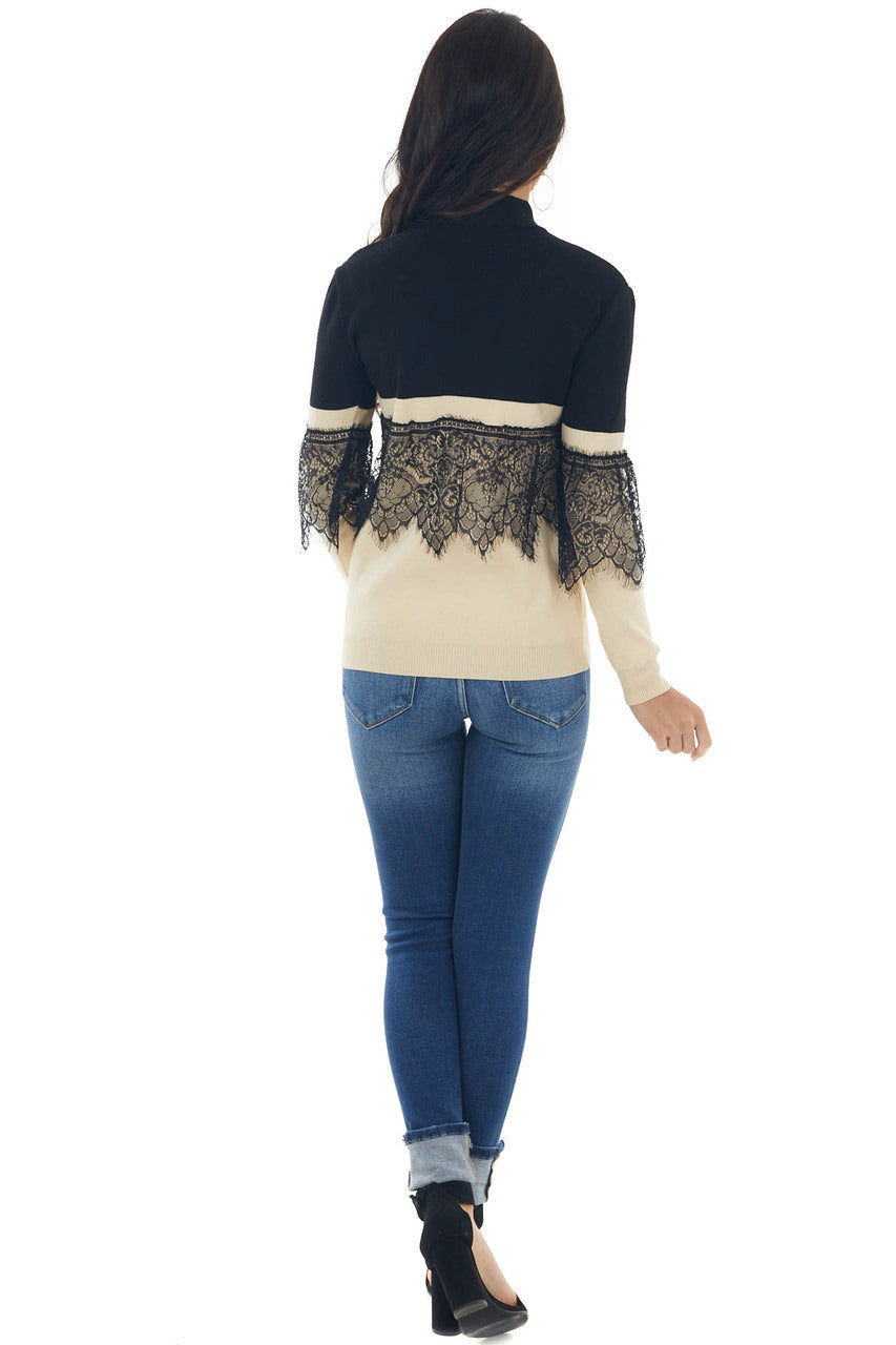 Black and Rich Beige Mock Neck Knit Sweater 