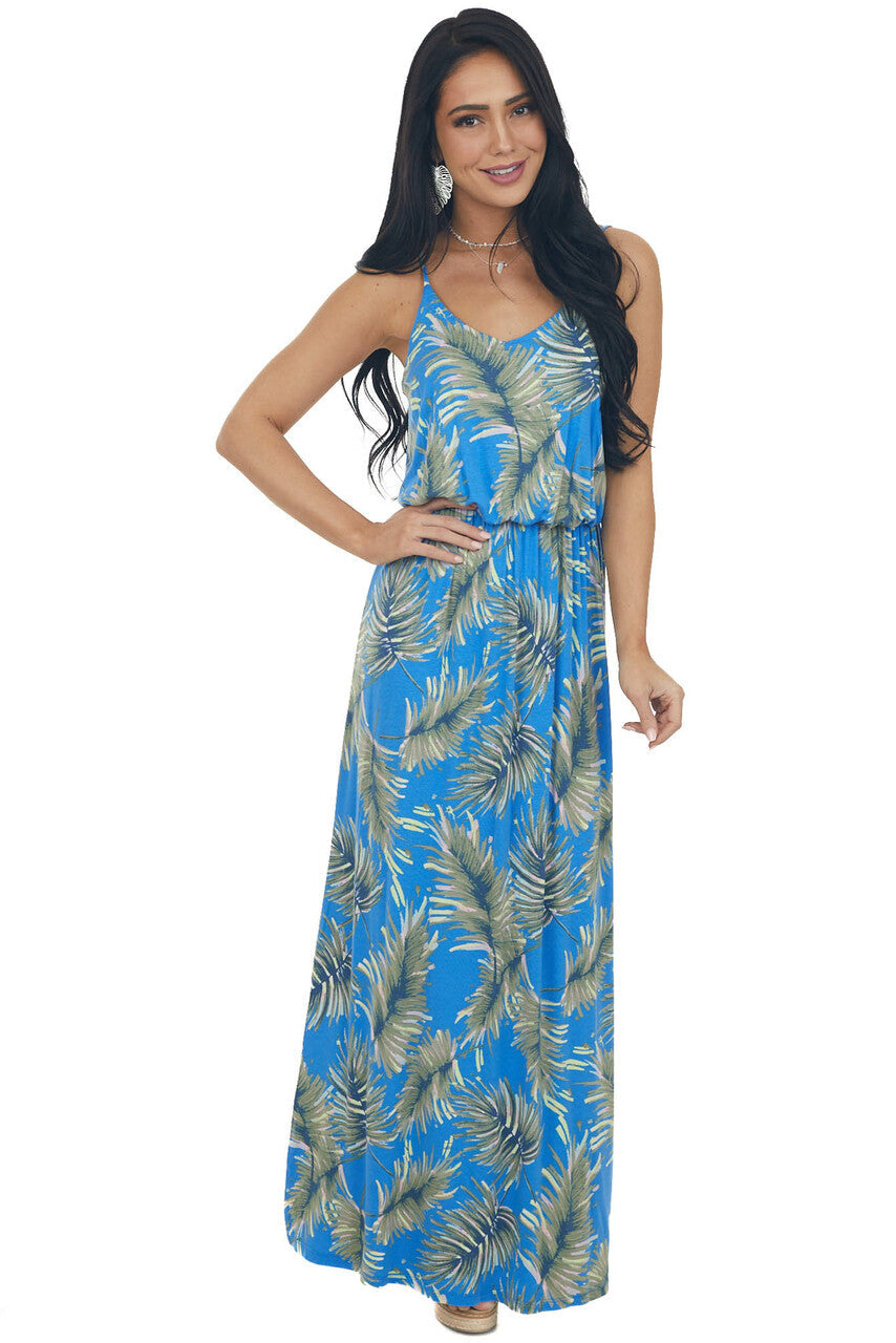Cobalt Blue Leaf Print Maxi Dress with Straps