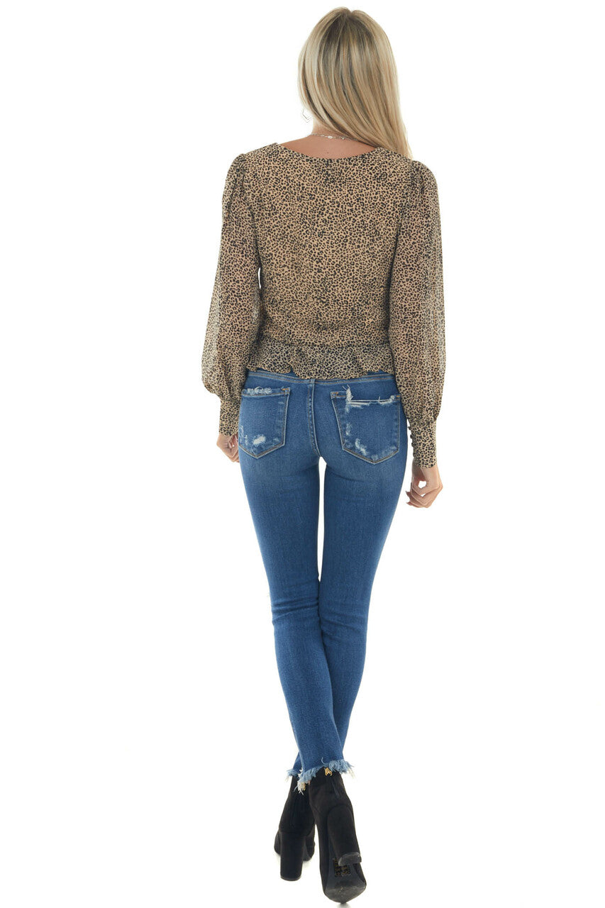 Taupe Leopard Print Button Up Peplum Blouse