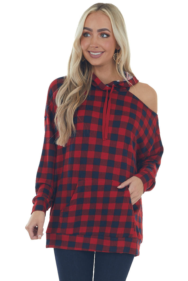 Cranberry Checkered Plaid Cold Shoulder Hoodie 