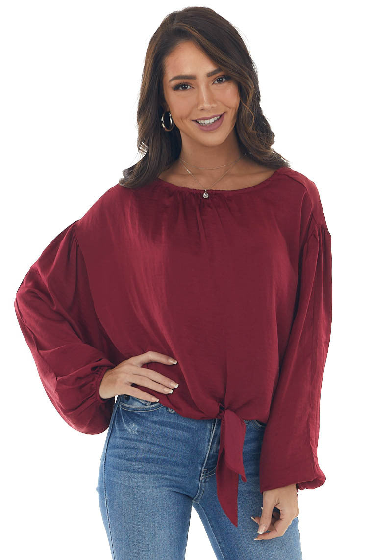 Maroon Bubble Sleeve Blouse with Tie Detail 