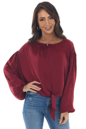 Maroon Bubble Sleeve Blouse with Tie Detail 