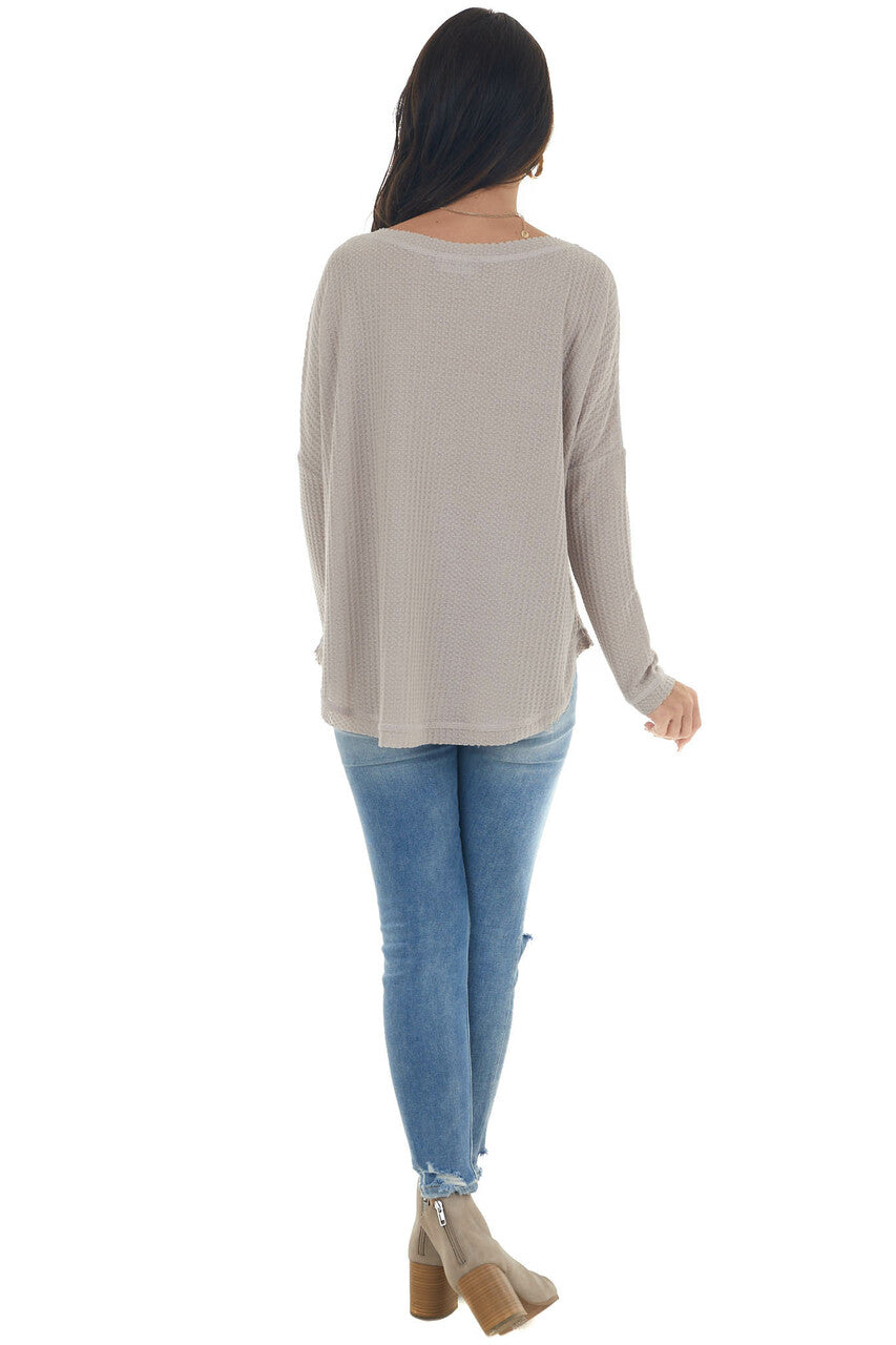 Light Taupe Raw Edge V Neck Waffle Knit Top