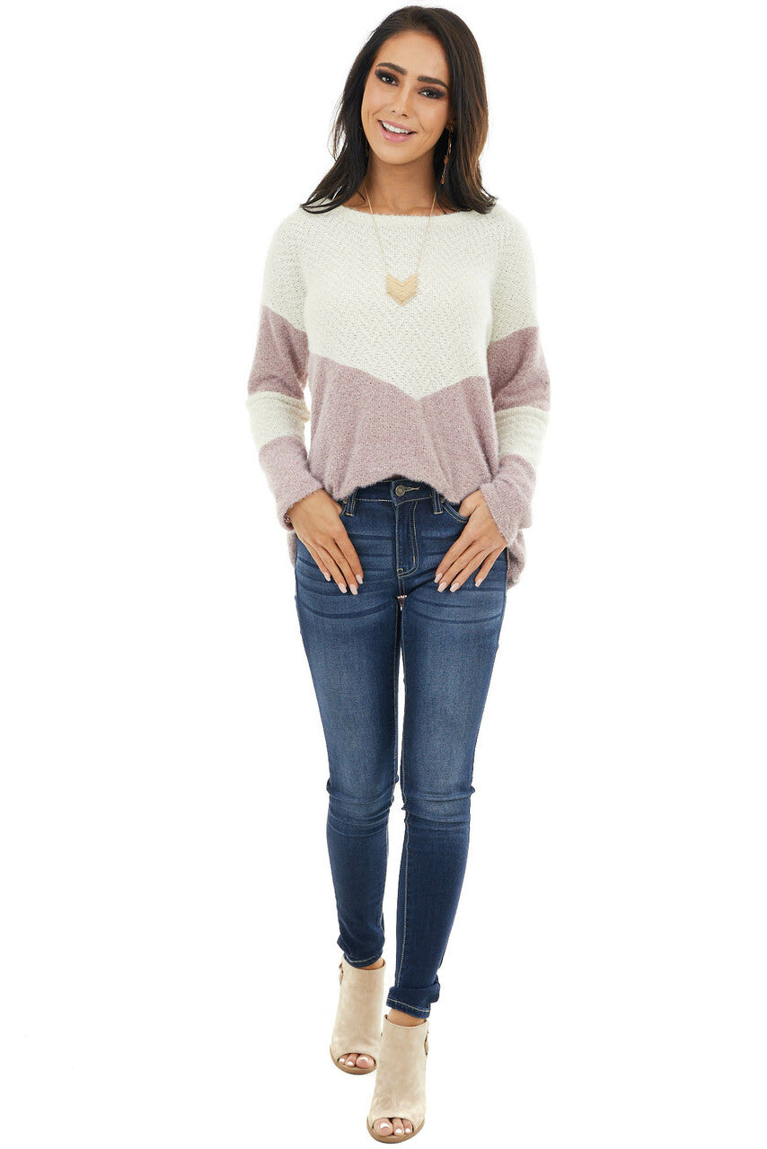 Mauve and Cream Colorblock Sweater with Loose Knit Detail 
