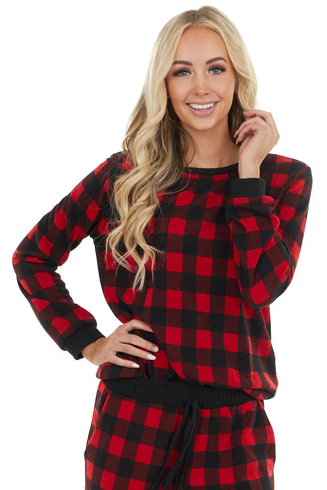 Cranberry Red and Black Buffalo Plaid Long Sleeve Knit Top