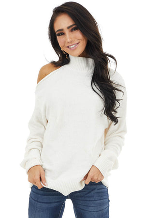 Ivory Cold Shoulder Chenille Sweater with Long Sleeves